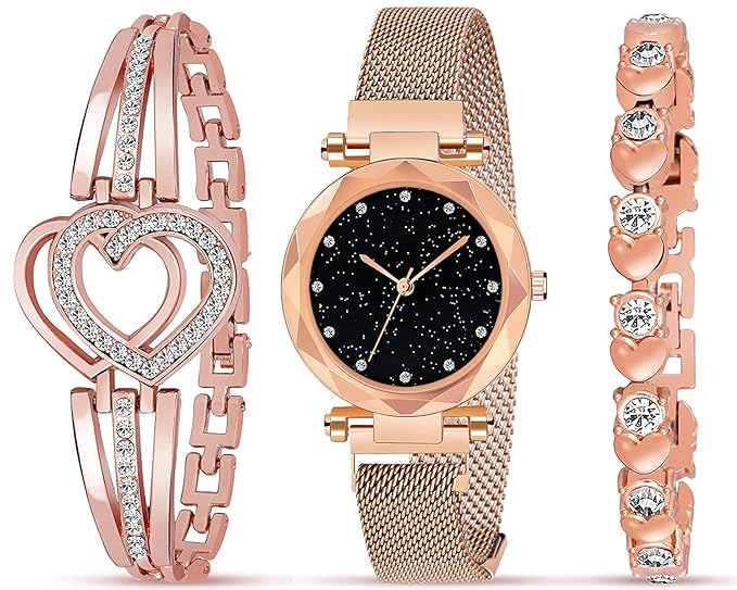 Acnos Brand - A Watch Analogue Plain Black Dial Magnet Watch With Gift Bracelet For Women Or Girls And Watch For Girl Or Women (Combo Of 3) Accessories Watches