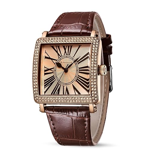 Giordano Elegant Watch for Women – Crystal-Studded Square Dial, Leather Band, Roman Numeral Dial Accessories Watches